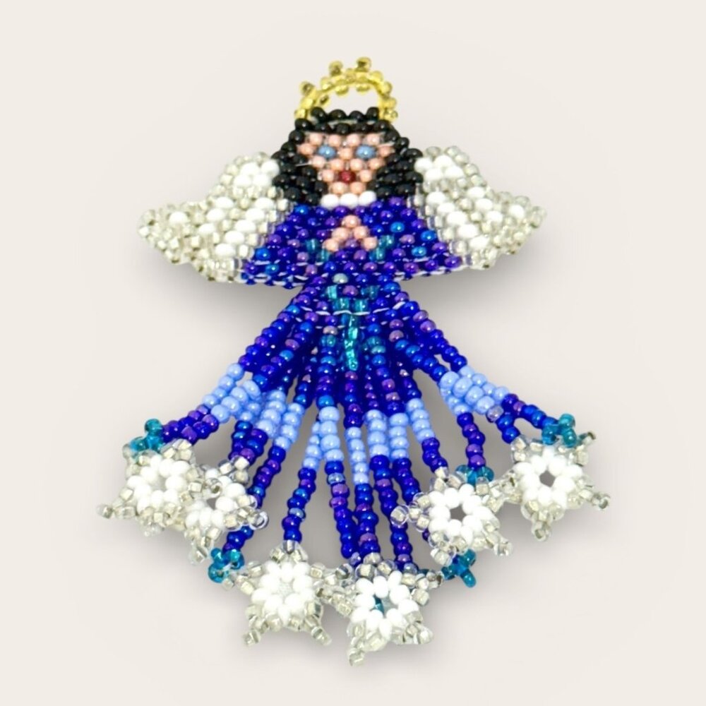 Vintage Beaded Angel Brooch w/Gold Beaded Halo C-clasp Closure